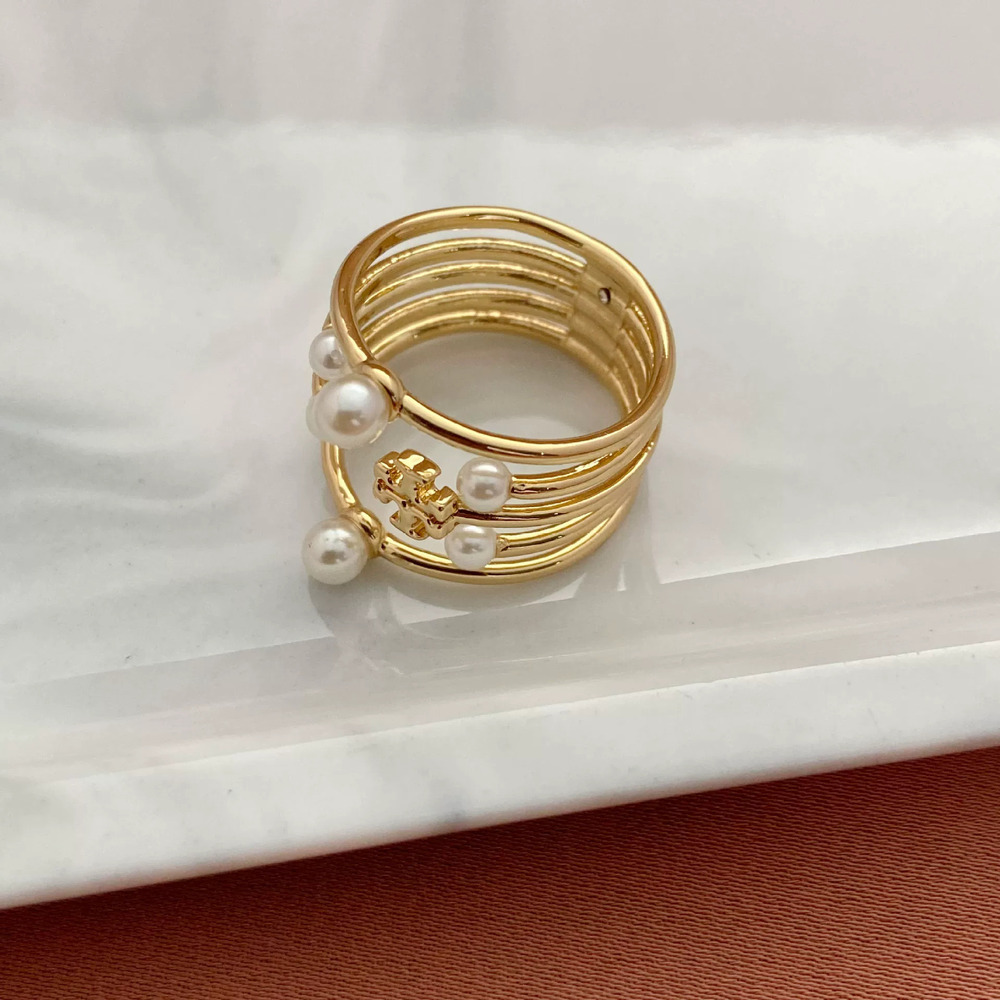 Tory Burch Openwork Pearl Inlay Letter Metal Ring